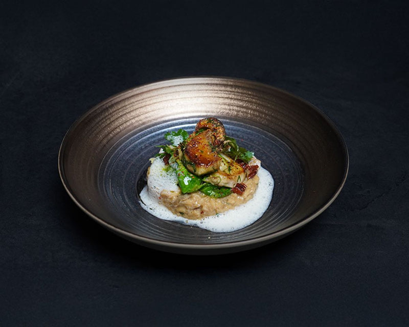 Steinpilz-Risotto mit Pekannüssen, Ingwer, Rosenkohl und Champagnerschaum