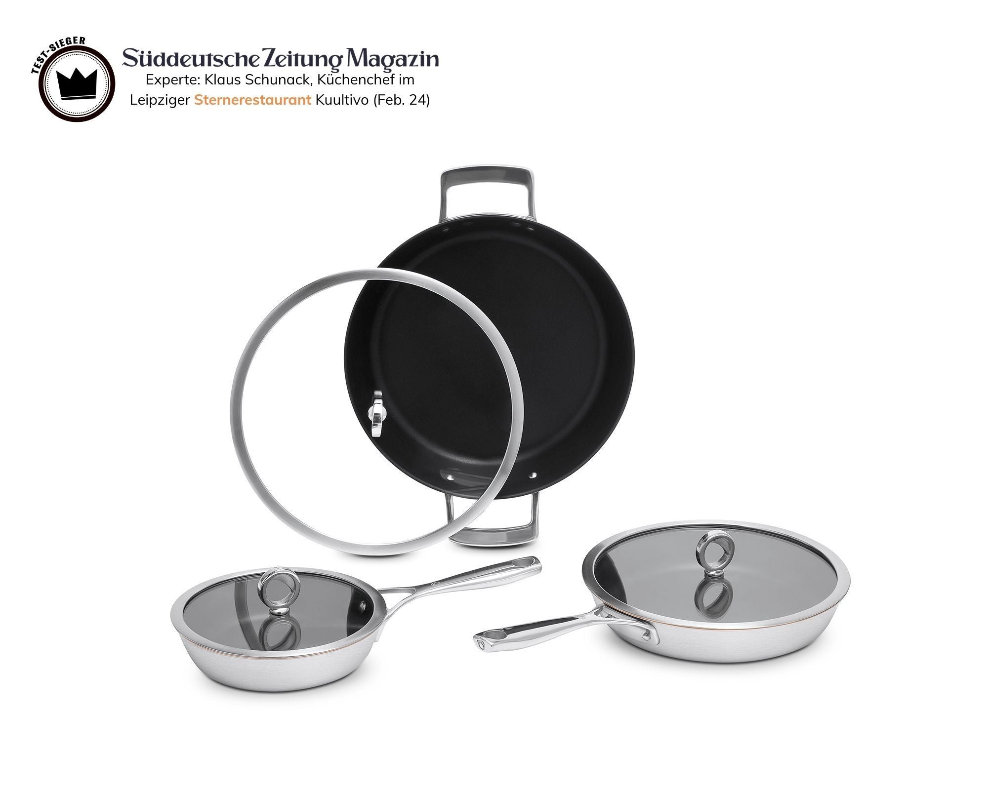 Beschichtetes Olavson Kupferkern-Pfannenset 20, 26 und 30 cm mit Servierpfanne