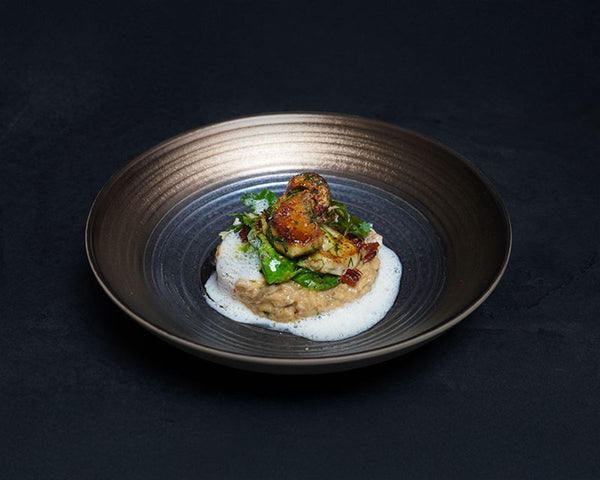 Steinpilz-Risotto mit Pekannüssen, Ingwer, Rosenkohl und Champagnerschaum