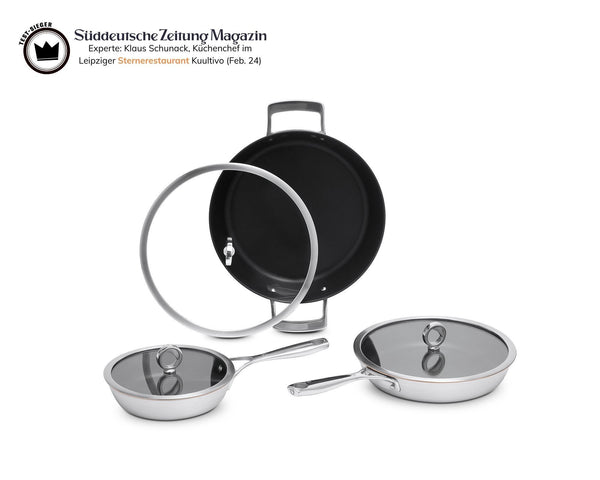 Beschichtetes Olavson Kupferkern-Pfannenset 20, 26 und 30 cm mit Servierpfanne