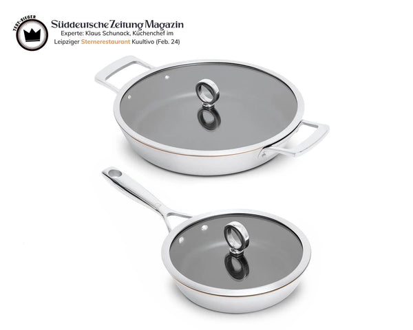 Beschichtetes Olavson Kupferkern-Pfannenset 20 und 30 cm mit Servierpfanne
