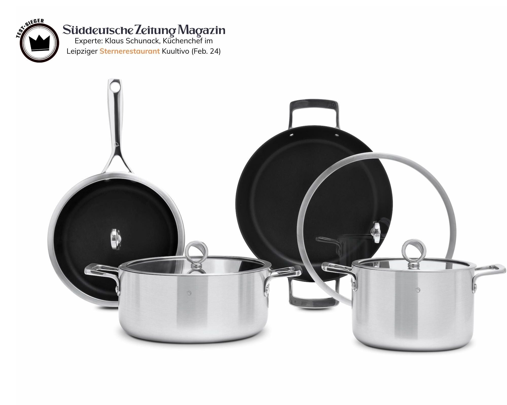 Olavson Kupferkern-Kochgeschirrset mit Servierpfannen 26 und 30 cm und Töpfen 20 und 26 cm